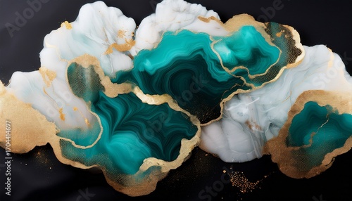 Abstract Teal And White Clouds With Gold Accents On Black Background