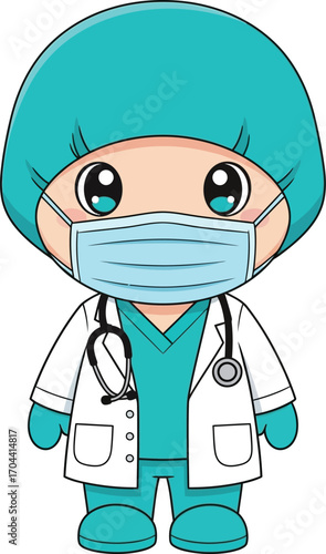 Vector art of cute cartoon doctor wearing mask and stethoscope