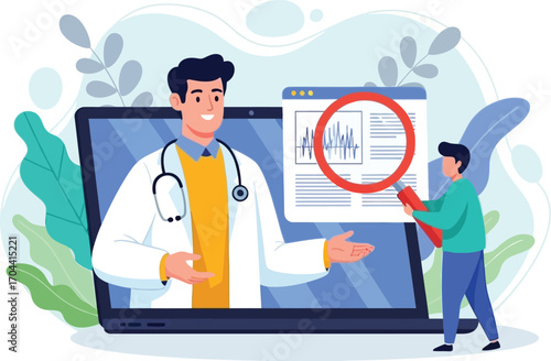 Vector art of doctor on screen consulting with patient about health data