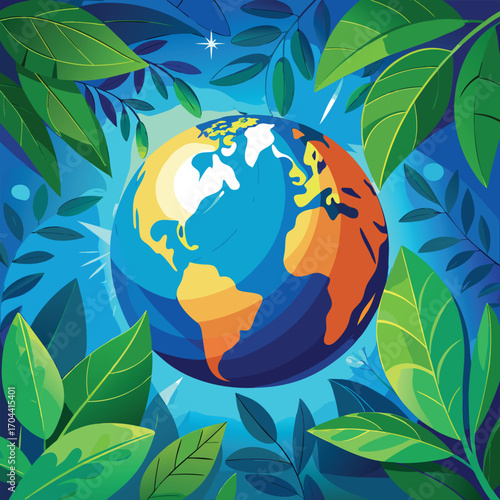 Earth surrounded by vibrant green leaves and blue sky