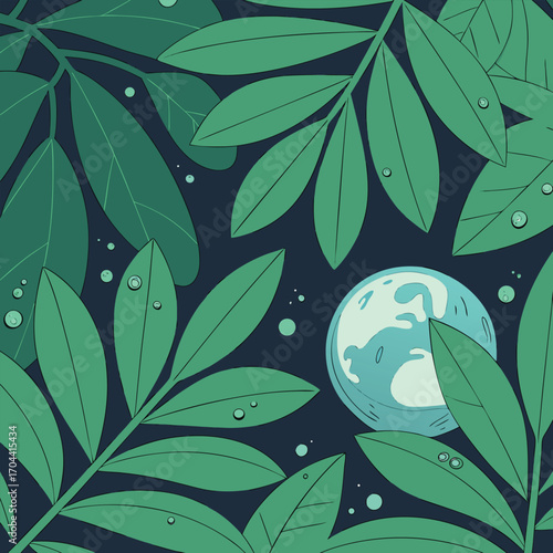 Earth viewed through lush green leaves with water droplets