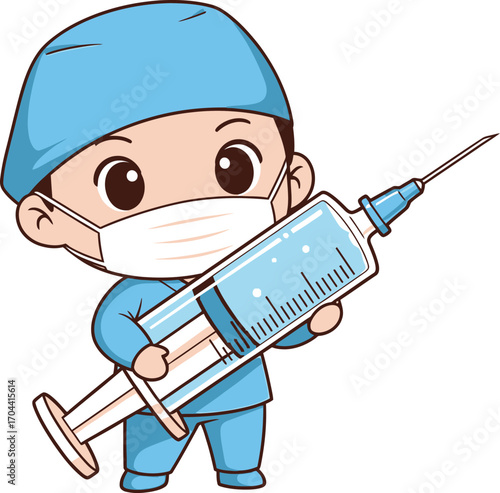 Vector art of cute cartoon doctor holding a large syringe