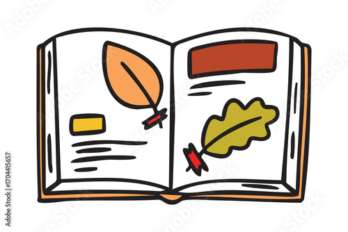 Cozy autumn doodle set with open book with autumn herbarium, hand drawn warm rustic style