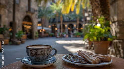Discover a charming Barcelona side street with stone archways, where a terracotta table offers café con leche and churros under sunlit palm shadows.