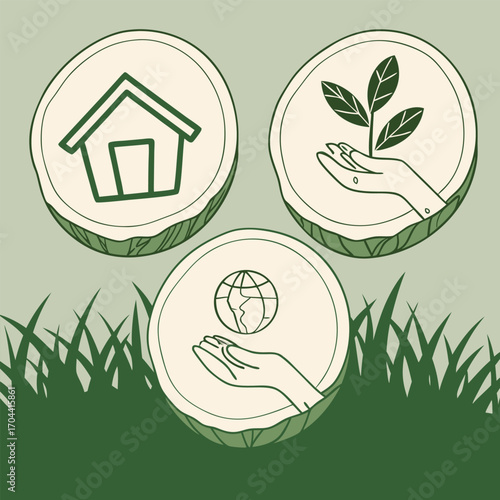 Eco friendly icons in circles on grass background environment