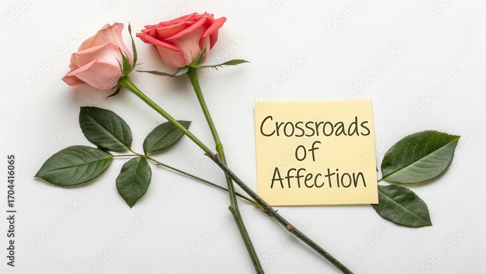 Fototapeta premium Two Roses with Note at Crossroads of Affection on White Background