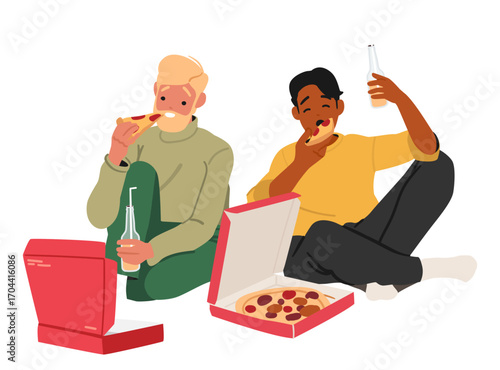 Relaxed guys cartoon characters eating pizza together drinking beverages sharing good mood