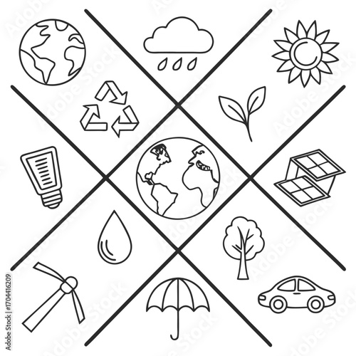 Eco-friendly icons arranged in a grid with a central Earth