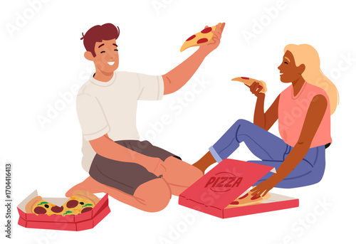 Teenage guy and girl cartoon characters tasting pizza fast food sitting on floor isolated on white
