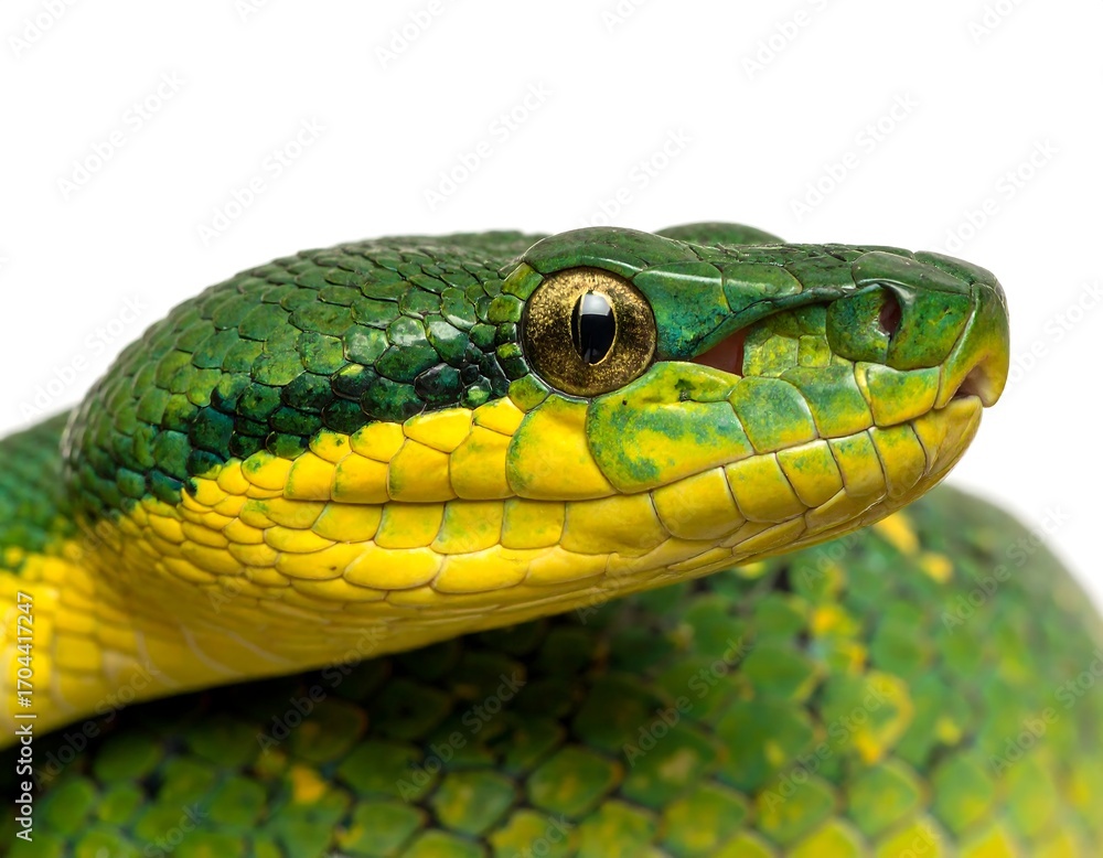 Obraz premium Close-up of a vibrant green and yellow snake's head