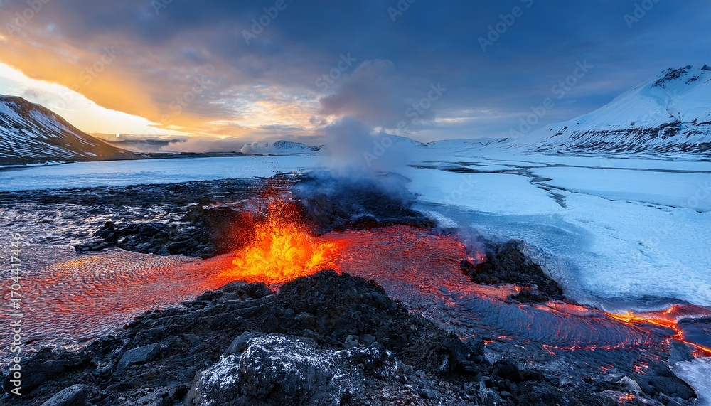 Naklejka premium A Striking Contrast Shows Glowing Lava Breaking Through Icy Terrain Creating A Dramatic Landscape That Symbolizes The Raw Power Of Nature And The Coexistence Of Fire And Ice