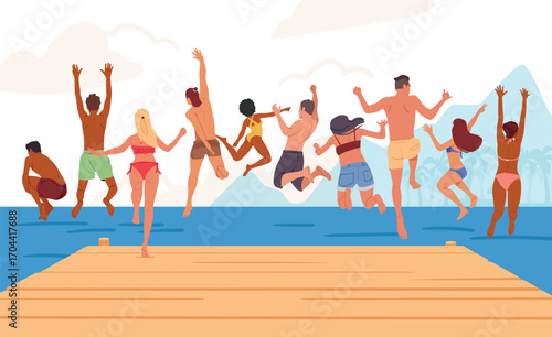 Young summer people wearing swimwear jumping to sea water from wooden pier cartoon background