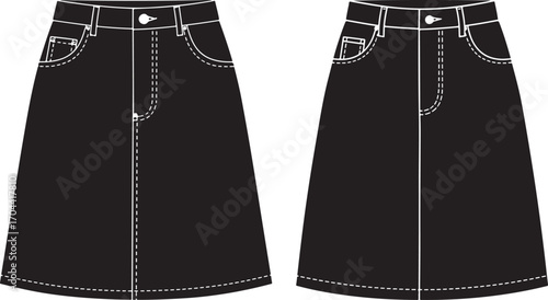 Three black denim skirt silhouettes shown from front side and back views