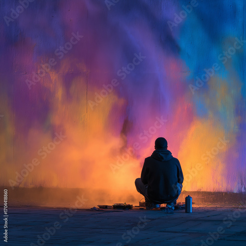  Artist spray-painting a vibrant wall mural seen from behind a paint can