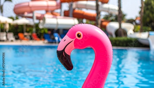 Pink flamingo inflatable by swimming pool, water park in background