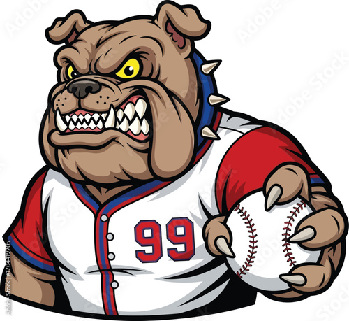 Vector art of angry bulldog wearing baseball uniform holding a baseball