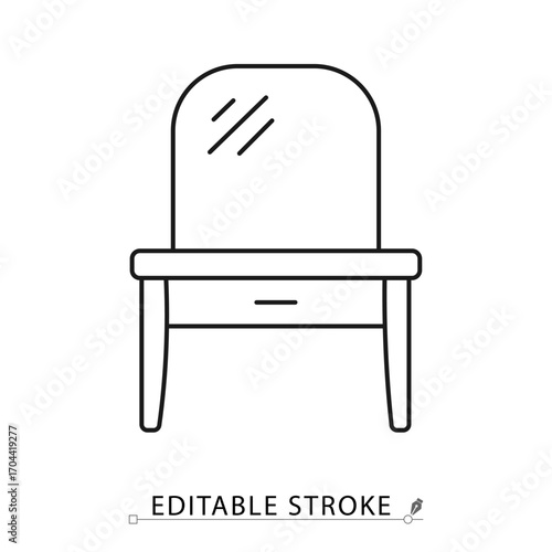 A dressing table icon in minimalist style with editable stroke. Bedroom furniture symbol, mirror element, vanity object, interior concept, home decor pictogram, beauty desk design, household graphic.