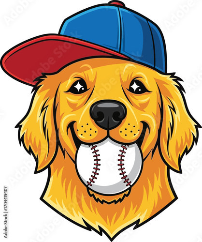 Vector art of golden retriever dog wearing a baseball cap, holding a baseball