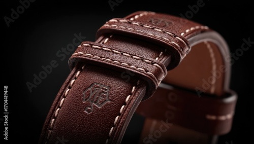 Close-up view of a brown leather watch strap with stitching.