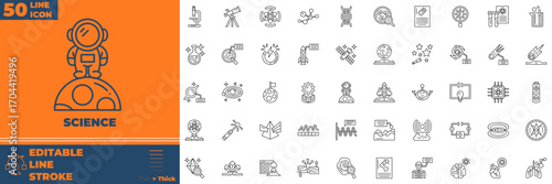 Modern Science Line Icons – Innovation, DNA, Microscope, and Experiment Pack