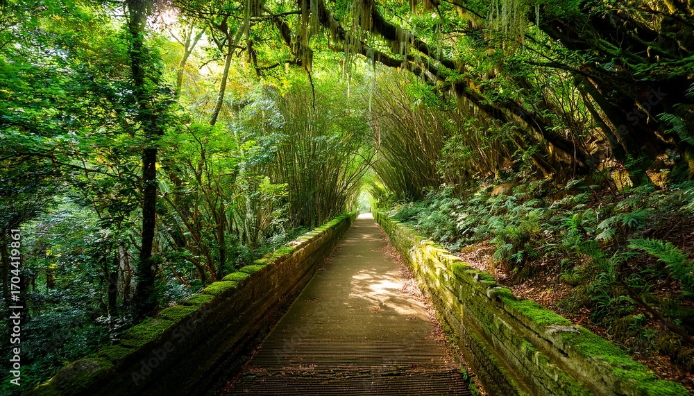 Obraz premium A Daylight Hike Along A Green Corridor Filled With Trees And Natural Vegetation