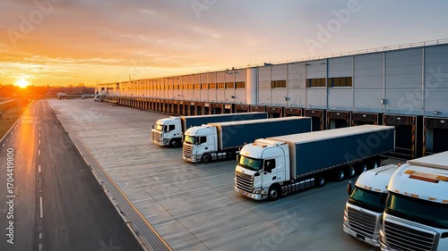 Sunrise logistics: trucks departing a modern warehouse loading dock
