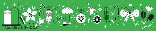 Cozy home and stylish nordic Christmas vector elements. Minimalist winter wide pattern. Merry Xmas decor icons of holly leaves, candy cane, cookies, candles, hygge holiday stickers on green background