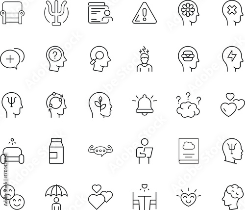 Mental health icon set in linear style. Editable stroke minimal icons. Therapy counseling psychiatry hospital clinic brain stress recovery.