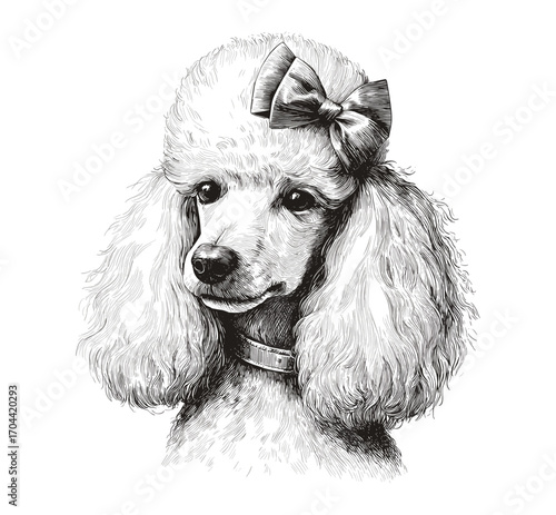 Hand-drawn vector illustration of a poodle wearing a bow on its head
