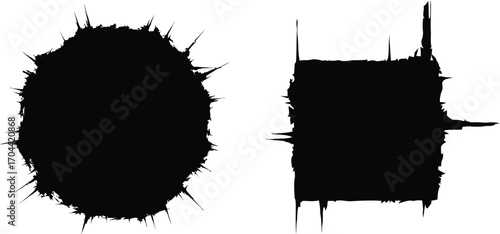 Vector art of black ink splatters, circle and square shapes