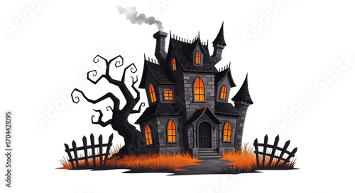 Spooky Haunted House with a Twisted Tree and Orange Glow