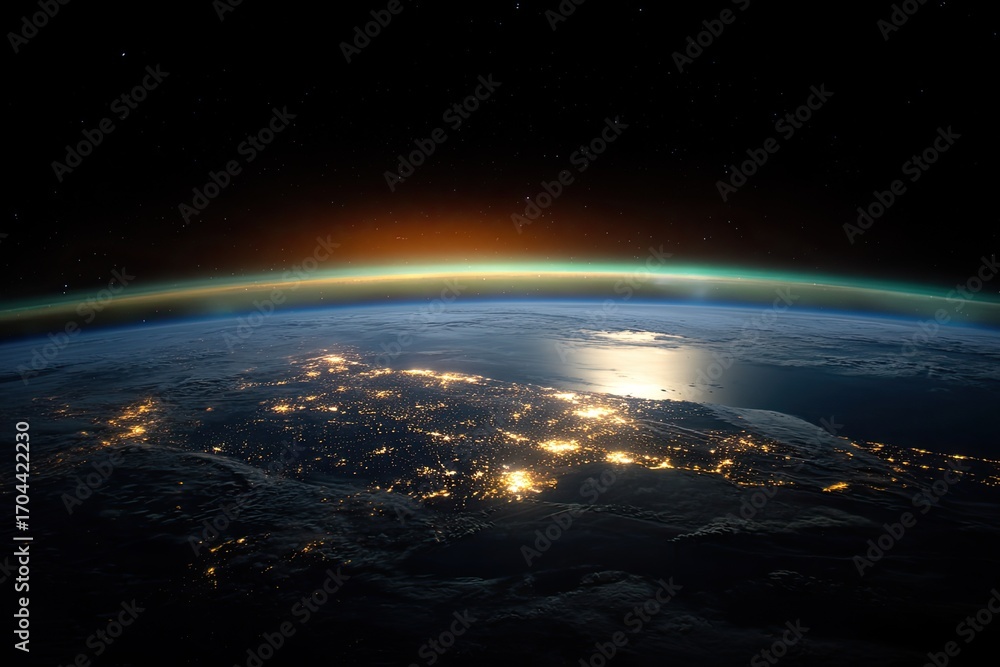 Fototapeta premium Stunning view of Earth from space at night, showcasing city lights and a glowing horizon