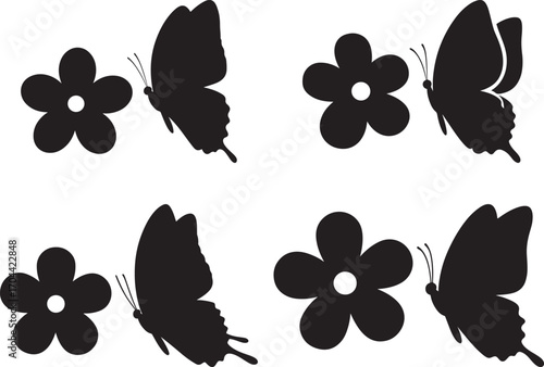 Four pairs of black butterfly and flower silhouettes on a white background silhouette