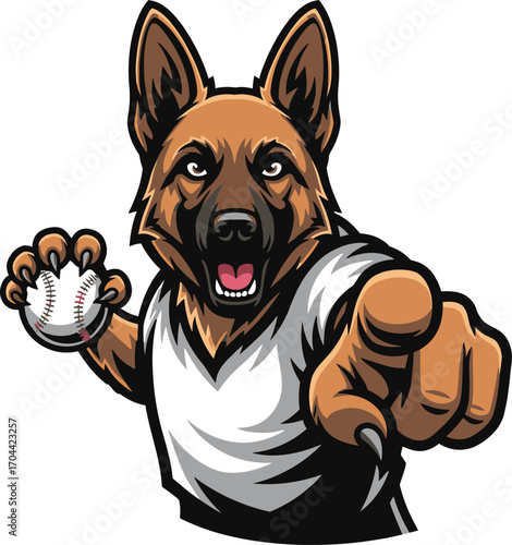 Vector art of german shepherd dog holding a baseball
