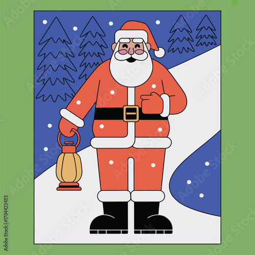 Santa claus holding a lantern in a snowy forest at night