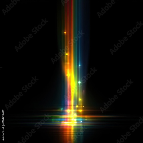 A vibrant, vertical beam of light, showcasing a spectrum of colors, descends from the top, reflecting on a dark, glossy surface below, creating a mesmerizing, almost ethereal effect