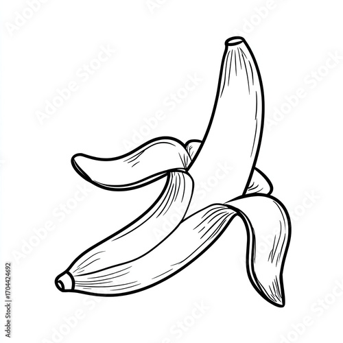 Line art drawing of a partially peeled banana, showcasing detailed texture and curves of the fruit and peel