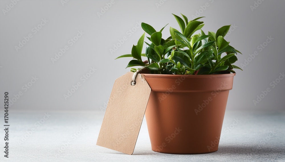 Fototapeta premium Green Plant In A Brown Pot With A Blank Tag