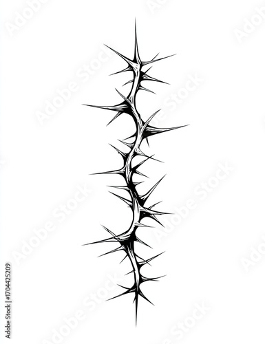A stylized, vertical depiction of a thorny vine with sharp points, rendered in black ink on a white background, exhibiting a sinuous, elegant form