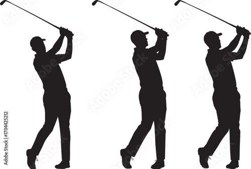 Three golfers in silhouette mid swing showing different stages of the golf swing