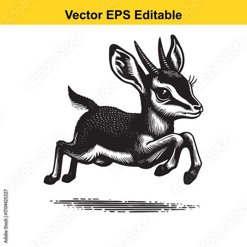 Vector art of jumping gazelle calf in vintage style