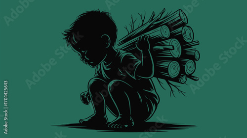 Young child carrying heavy firewood bundle, illustration for childhood poverty awareness campaigns