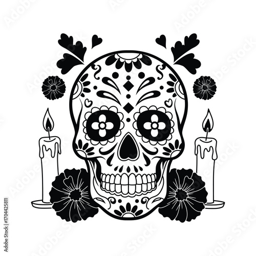 Mexican sugar skull decorated with flowers, carno skull day of the dead vector