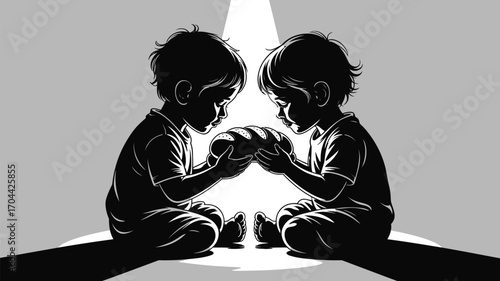 Two young children share a loaf of bread in monochrome illustration for food security campaign