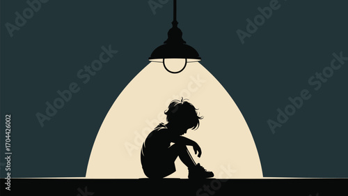 Lonely young child sitting alone in the dark under a single light, feeling sad and isolated illustration