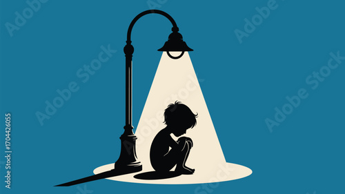 Lonely child silhouette beneath street light conveys sadness and vulnerability in a poignant scene