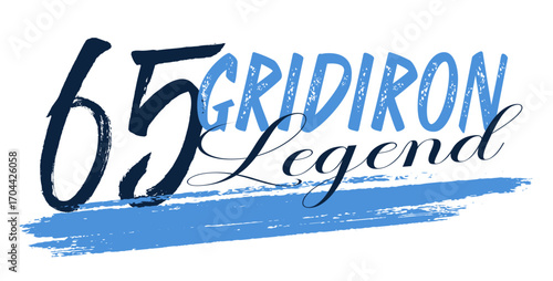 Gridiron Legend football design with helmet and number 65 in sky blue and navy. Bold artwork for sports apparel, team branding, fan merchandise and promotion