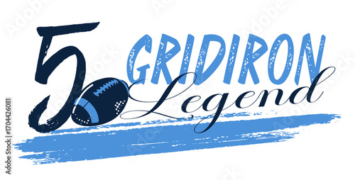 Gridiron Legend football design with helmet, number 5 and ball in sky blue and navy. Bold artwork for sports apparel, team branding, fan merchandise and promotion