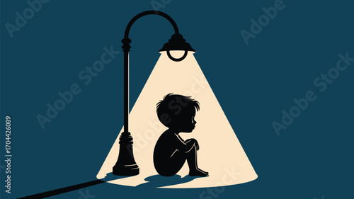 Lonely child sits under a street light feeling sad and isolated in the dark of night