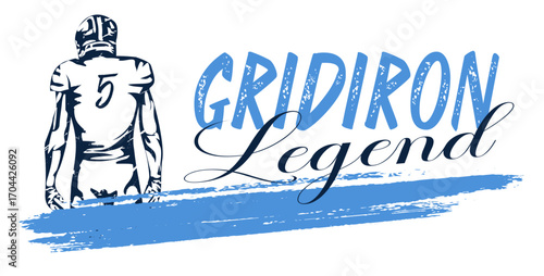 Sketch-style American football player with number 5 in Sky blue and navy and bold “Gridiron Legend” lettering. Suitable for sports apparel, team branding, promotional graphics, and merchandise.
